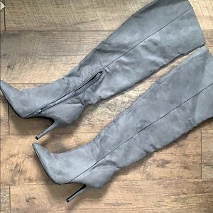 Gray knee high boots